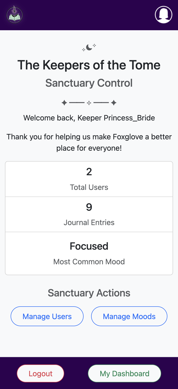 Screenshot of the admin page showing the total number of users, total number of journal entries and a the most common mood.