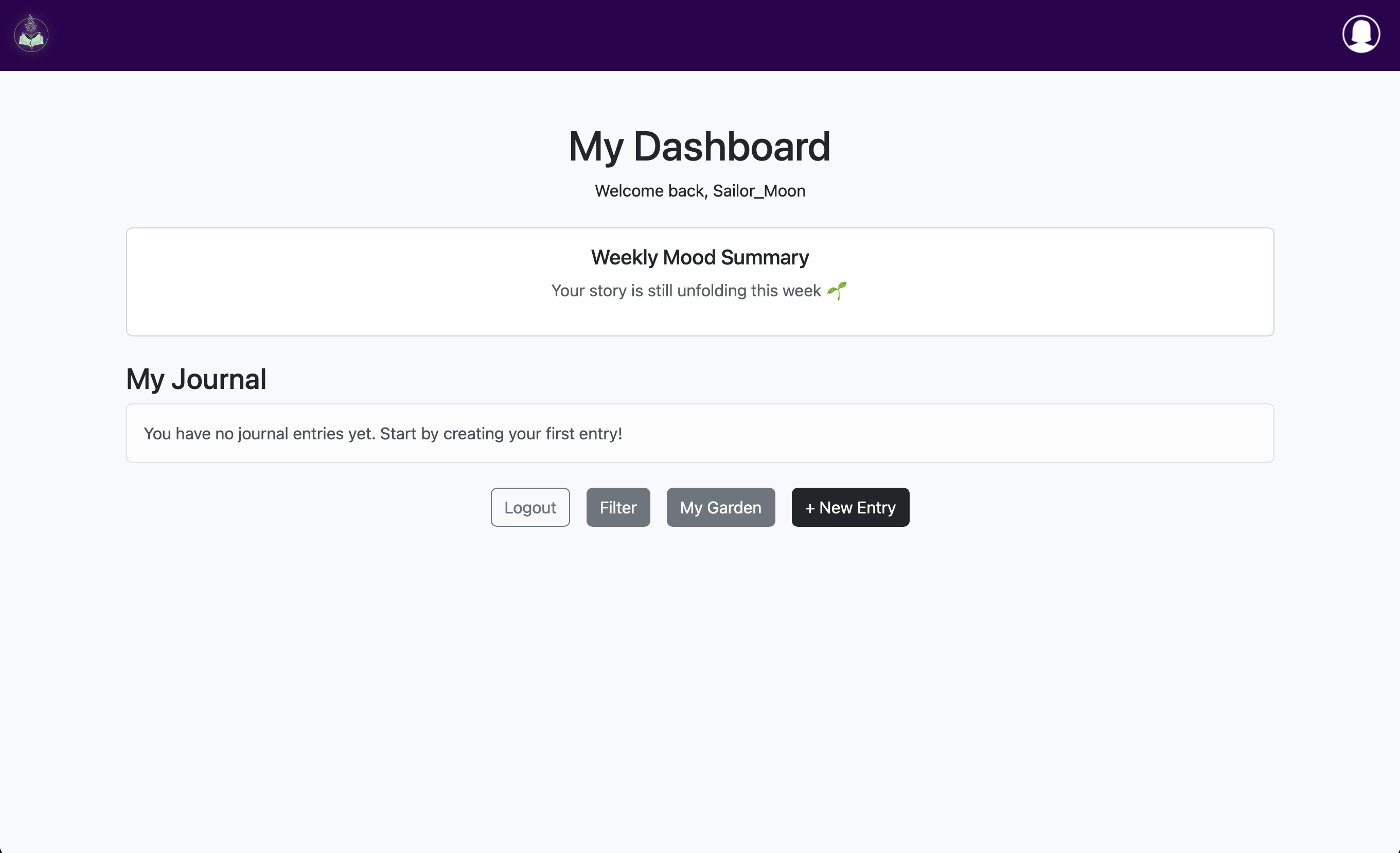 Screenshot of the user's dashboard showing the empty state of the mood summary with a message that reads, 'Your story is still unfolding this week.'