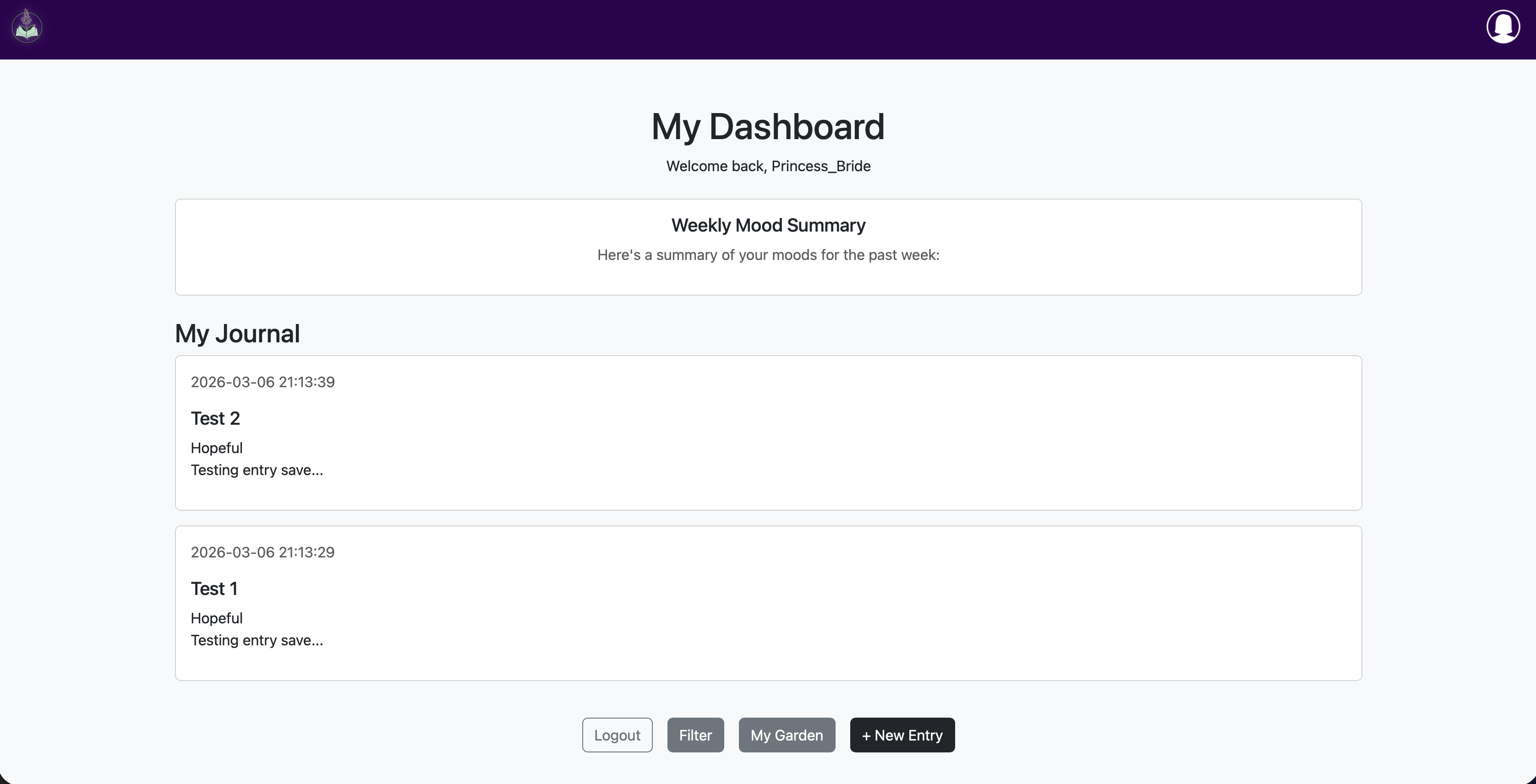 Screenshot of the user's dashboard showing journal entry thumbnails. Includes the start of their Mood Summary at the top.