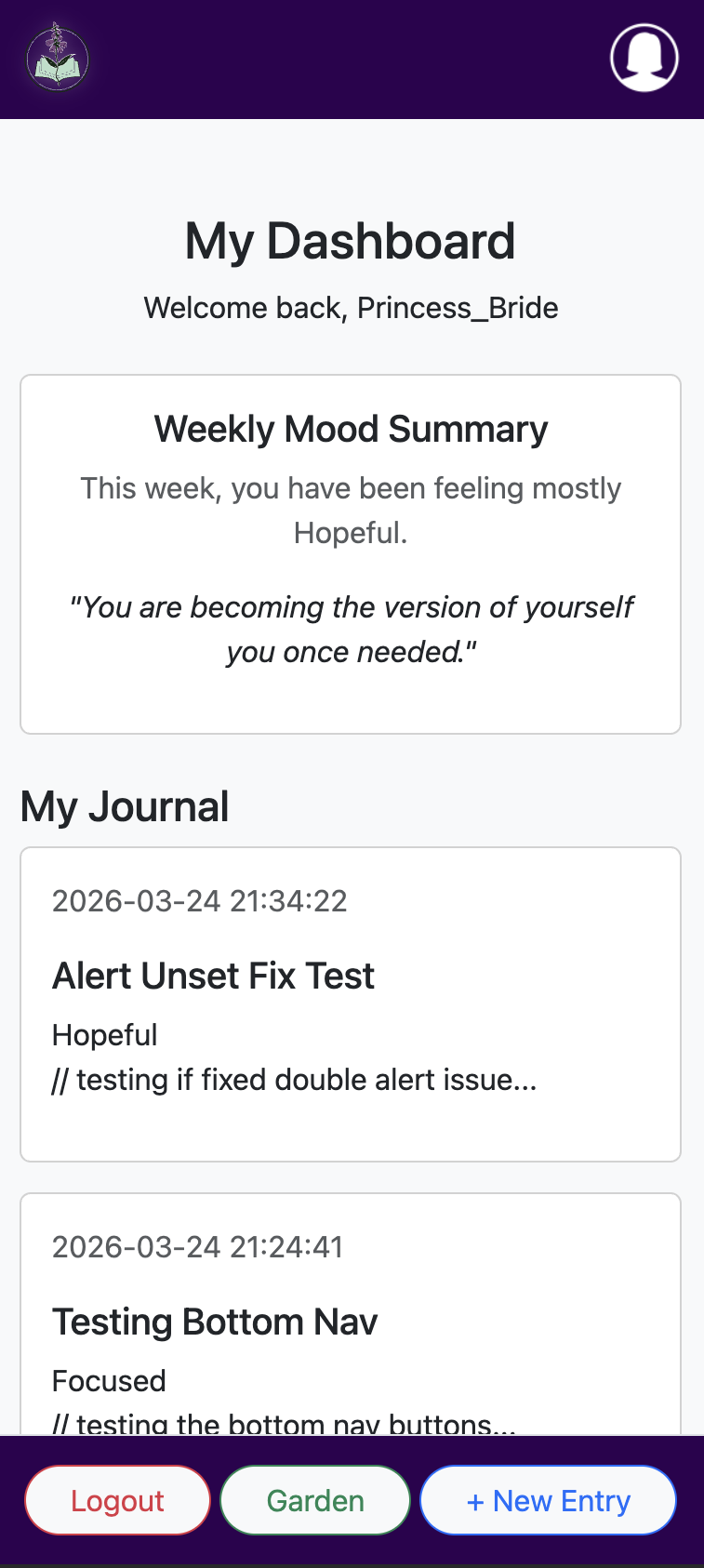 Screenshot of the mobile version of the user's dashboard showing the bottom navigation bar with icons for new journal entry, garden and logout.