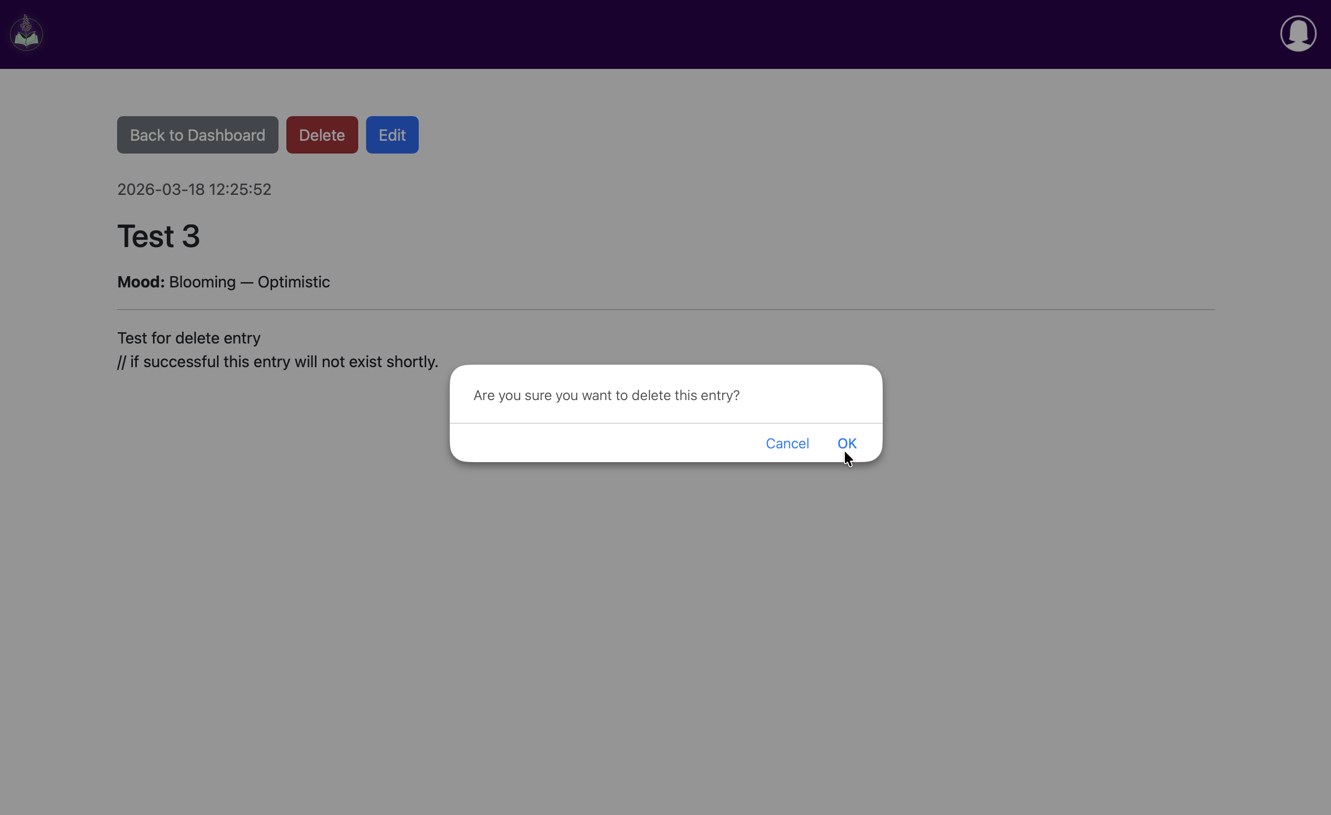 Screenshot of the delete journal entry confirmation page showing the journal entry to be deleted and a button to confirm deletion.