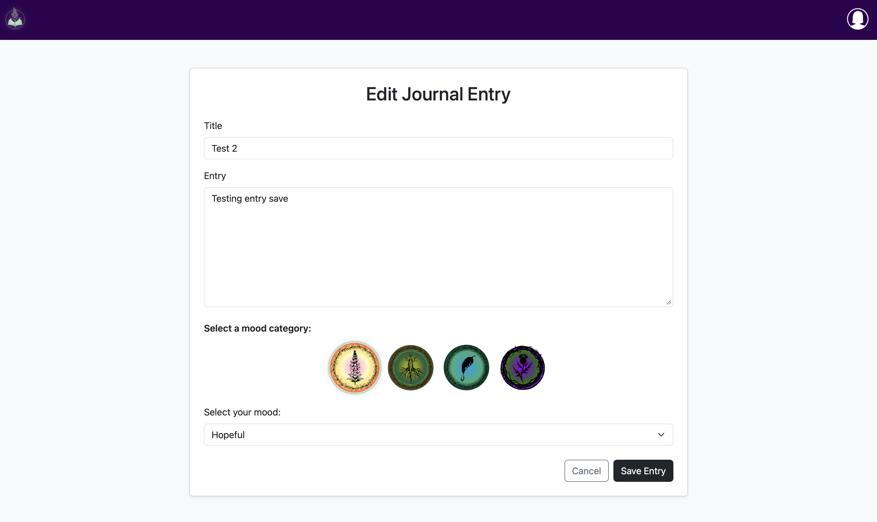 Screenshot of the edit journal entry page showing the form to edit a journal entry with the mood categories and drop down menu to select the mood.