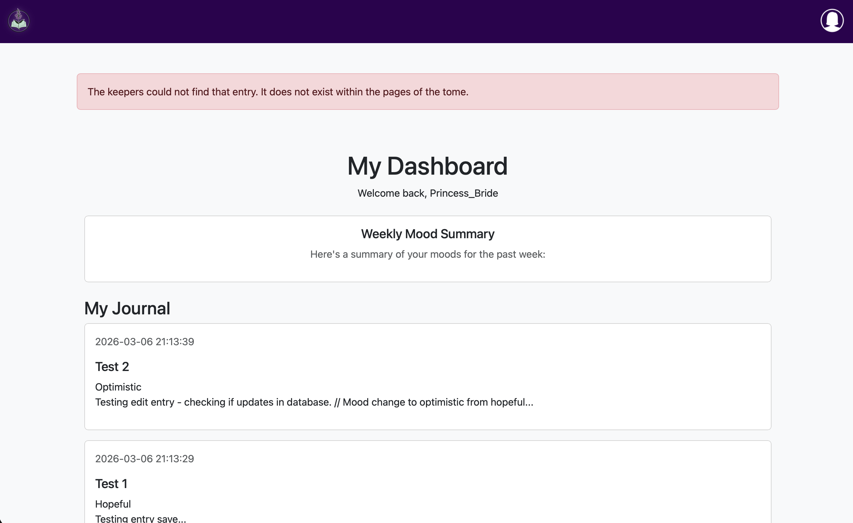 Screenshot of the user dashboard showing a red flash message at the top that reads, 'The keepers could not find that entry. It does not exist within the pages of the tome.' 