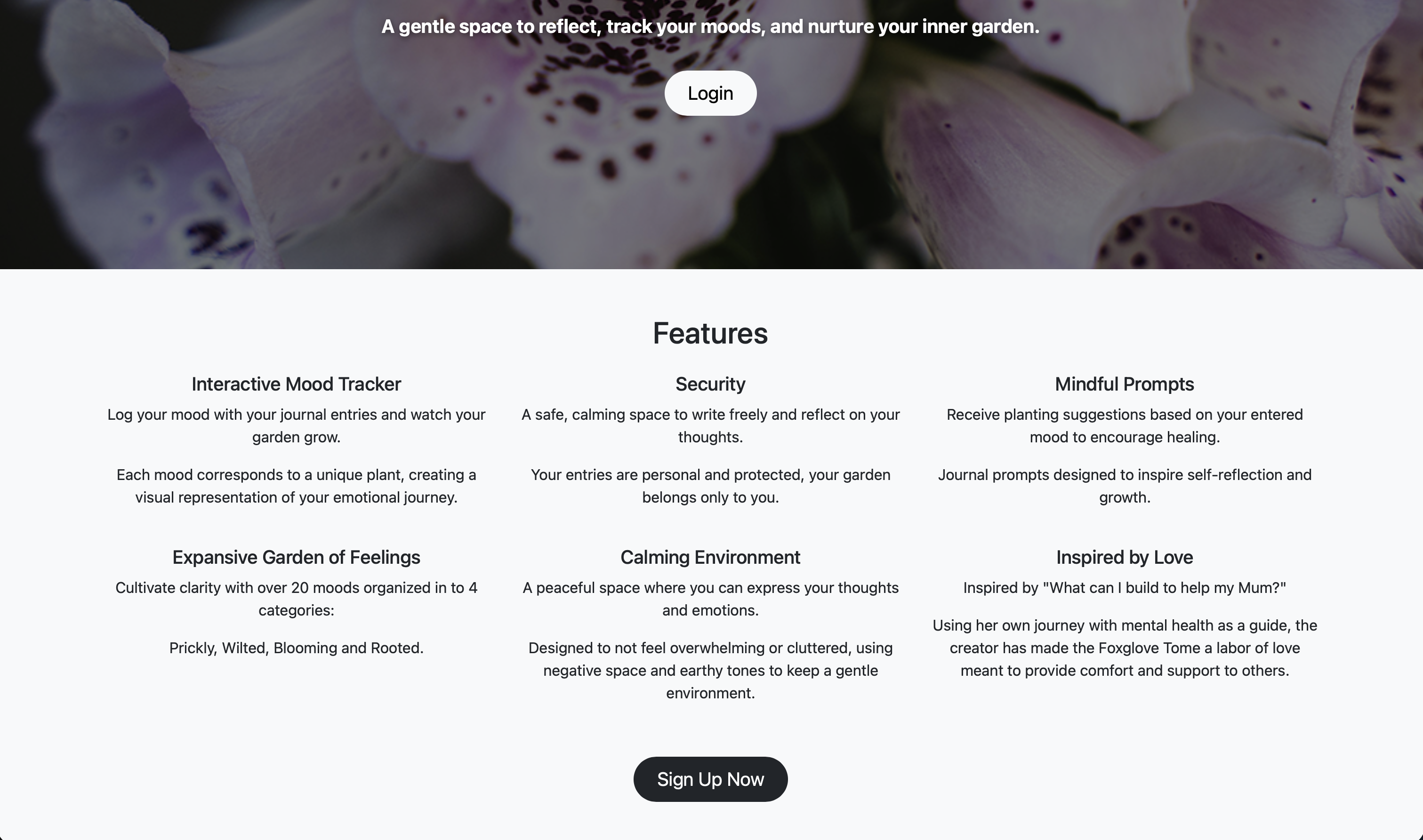 Screenshot of the features highlight section showing six features and descriptions for them. Includes a Sign Up button.