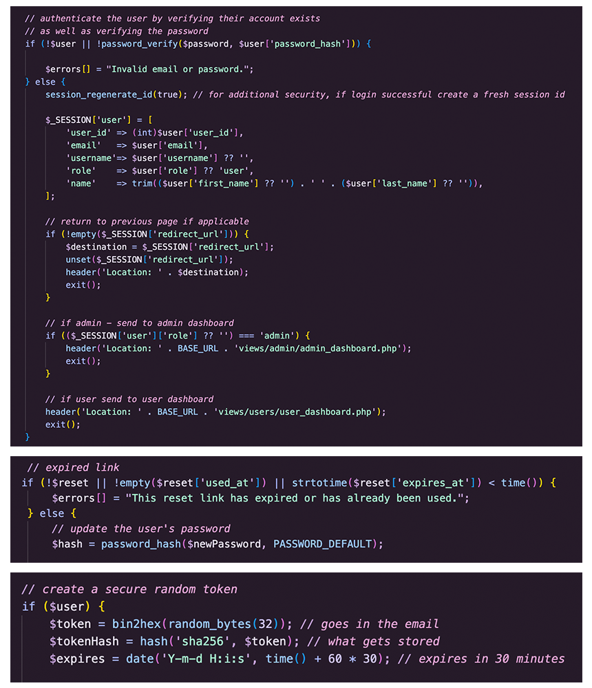 A collage of code snippets showing authentication coding.