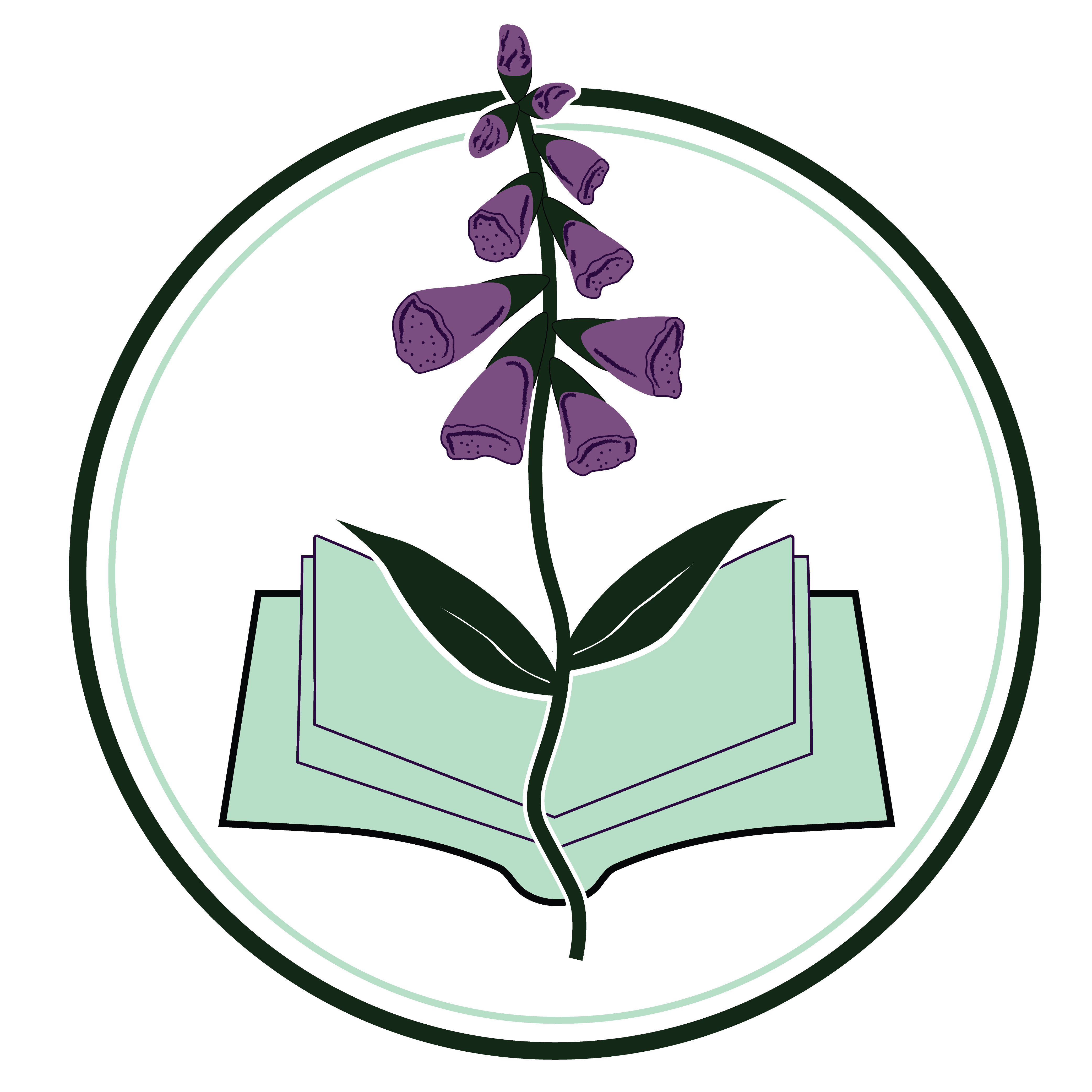 The Foxglove Tome's Logo - A foxglove flower infront of an open book.