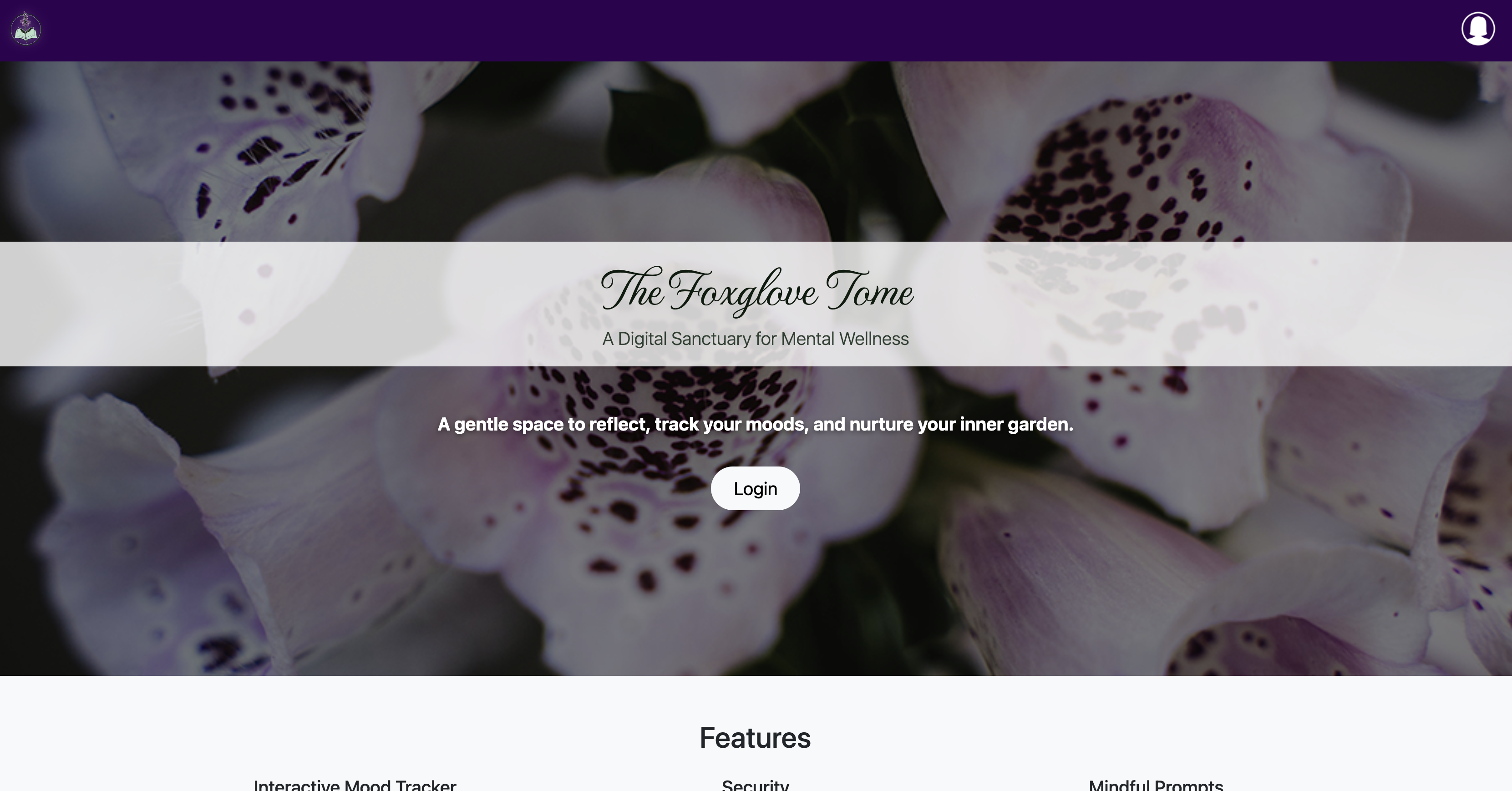 Screenshot of the landing page/home page with hero image, login button and slogan.
