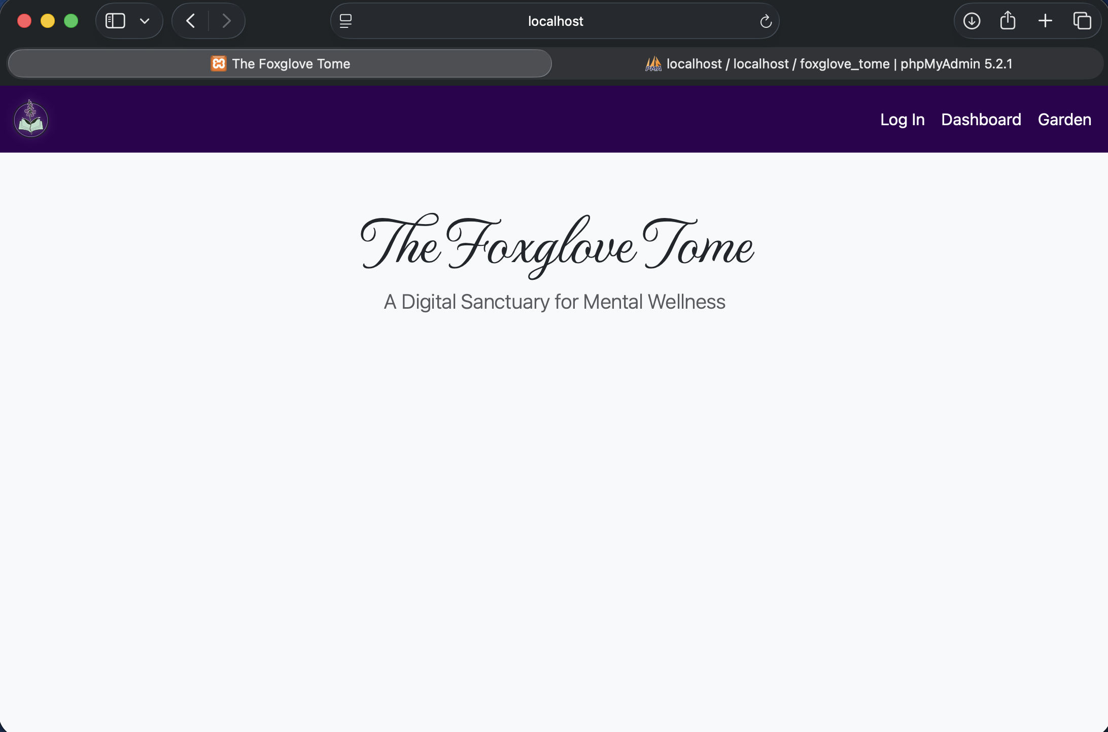 Screenshot of The Foxglove Tome homepage featuring the deep purple navigation bar and the script title in the hero section.