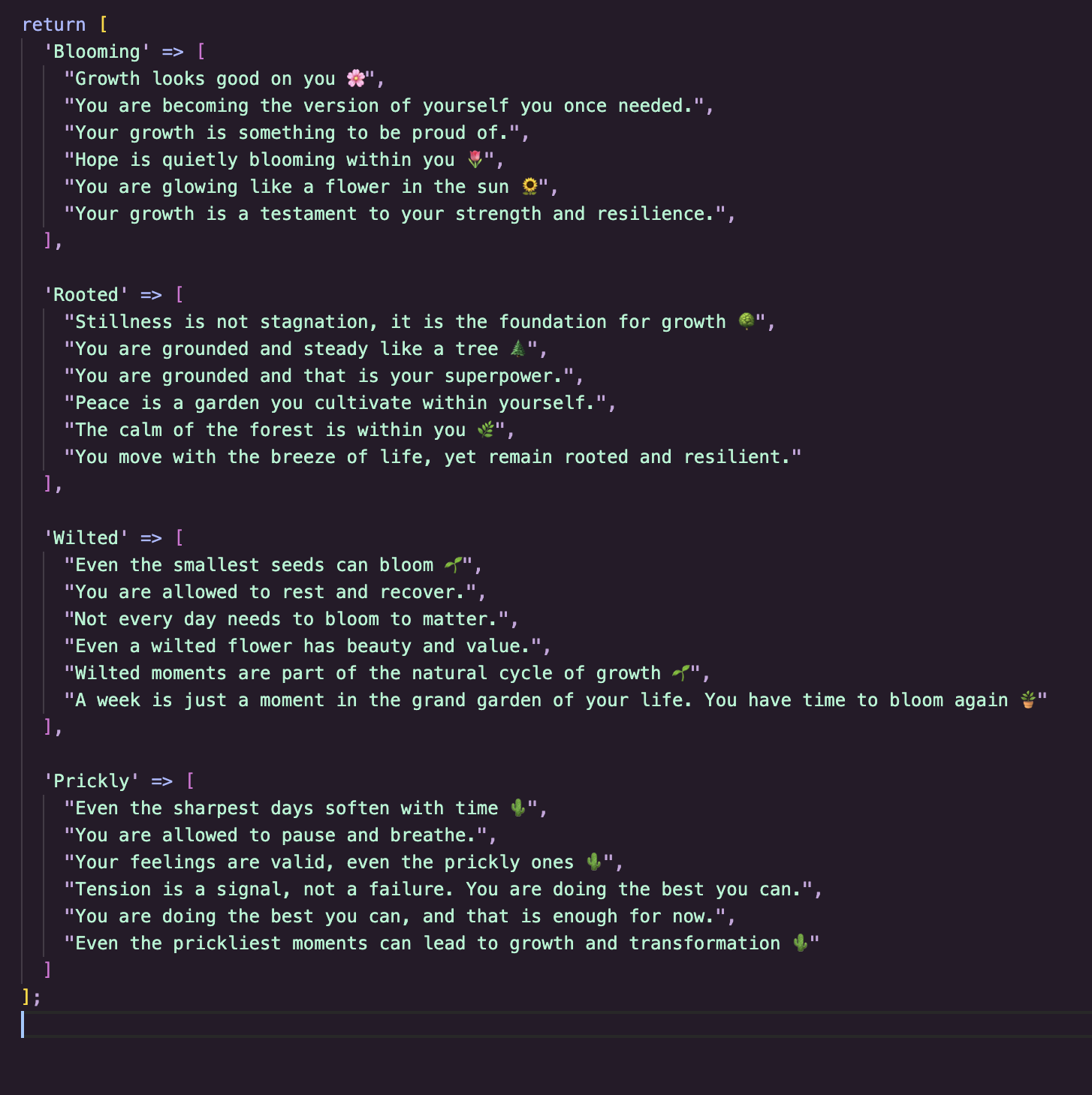 Screenshot showing the array of quotes that will be randomly selected to show in the mood summary section.