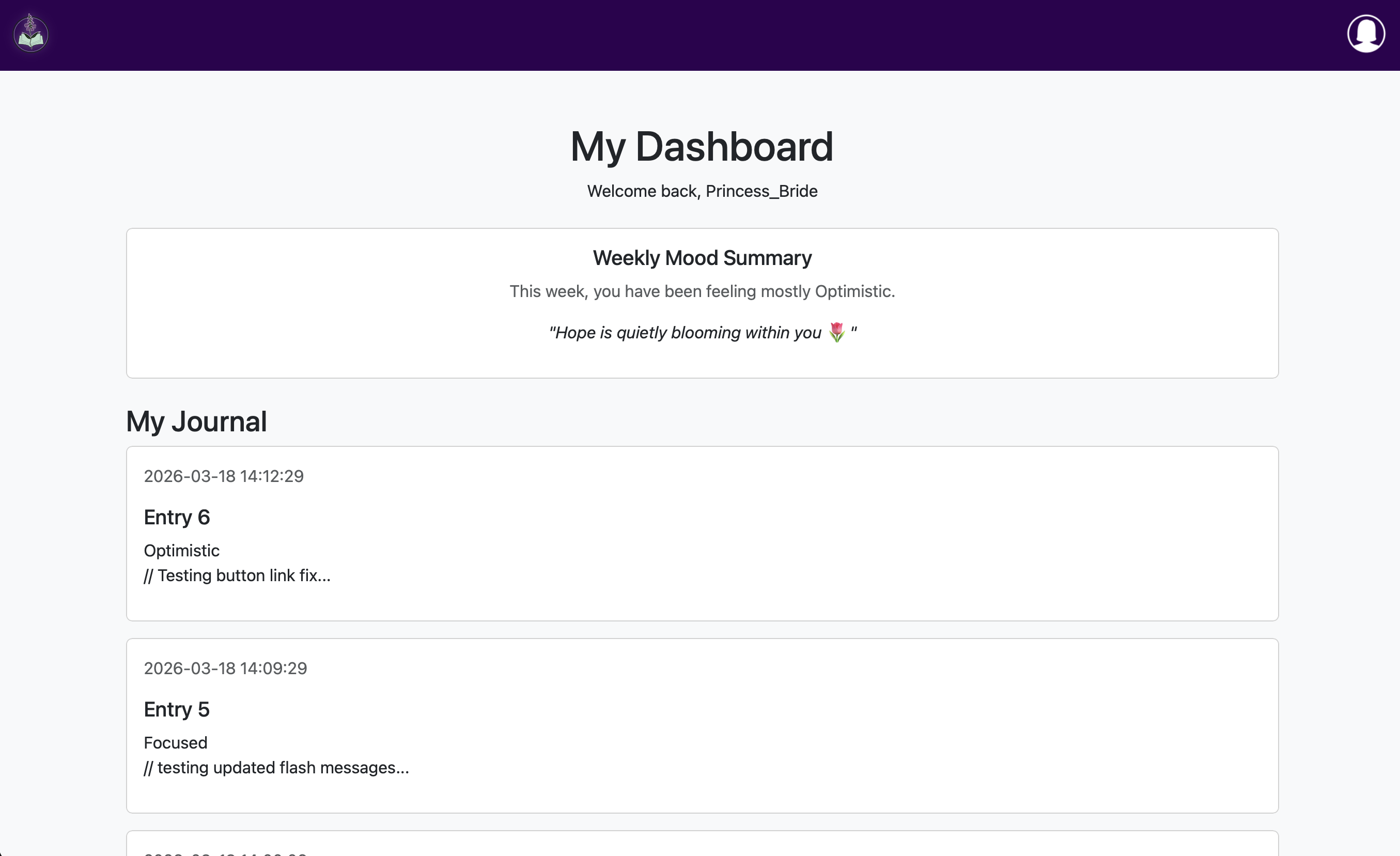 Screenshot of the user's dashboard showing the mood summary at the top with their dominant mood for the week and a quote from the array for their dominant mood's category.