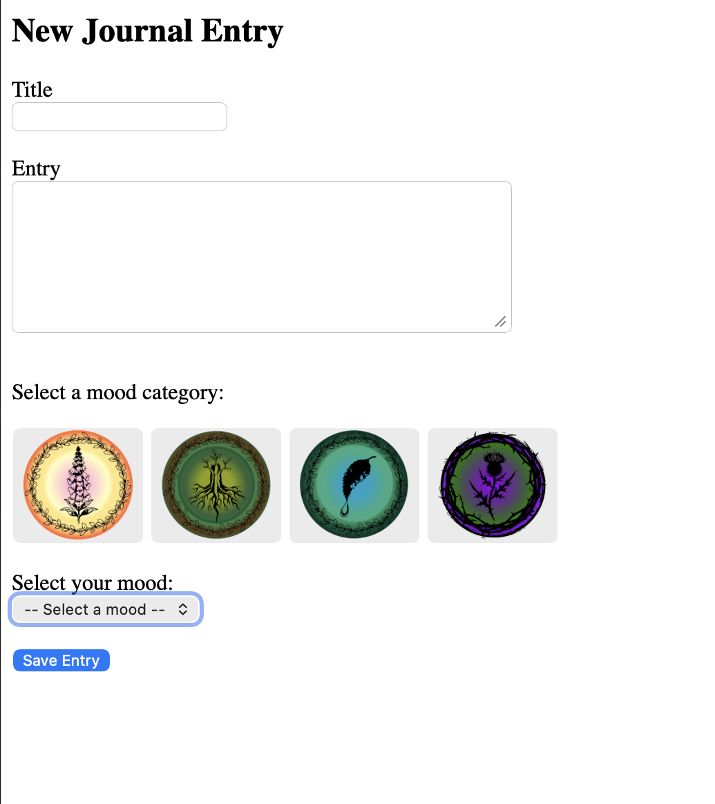 Screenshot of the new journal entry page showing the form to create a new journal entry with the mood categories and drop down menu to select the mood.