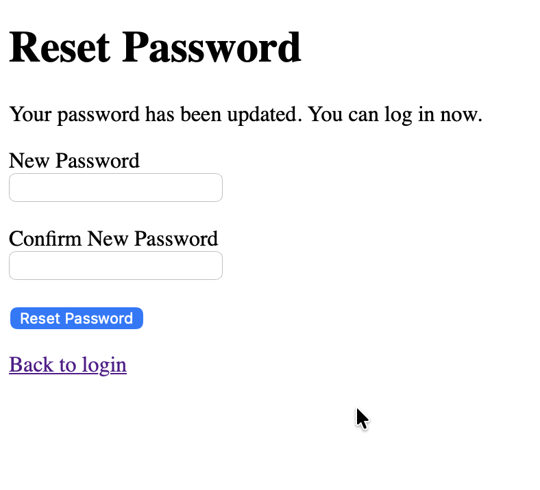 Screenshot of the reset password page showing a successful password change after receiving a 'forgot my password' reset token.