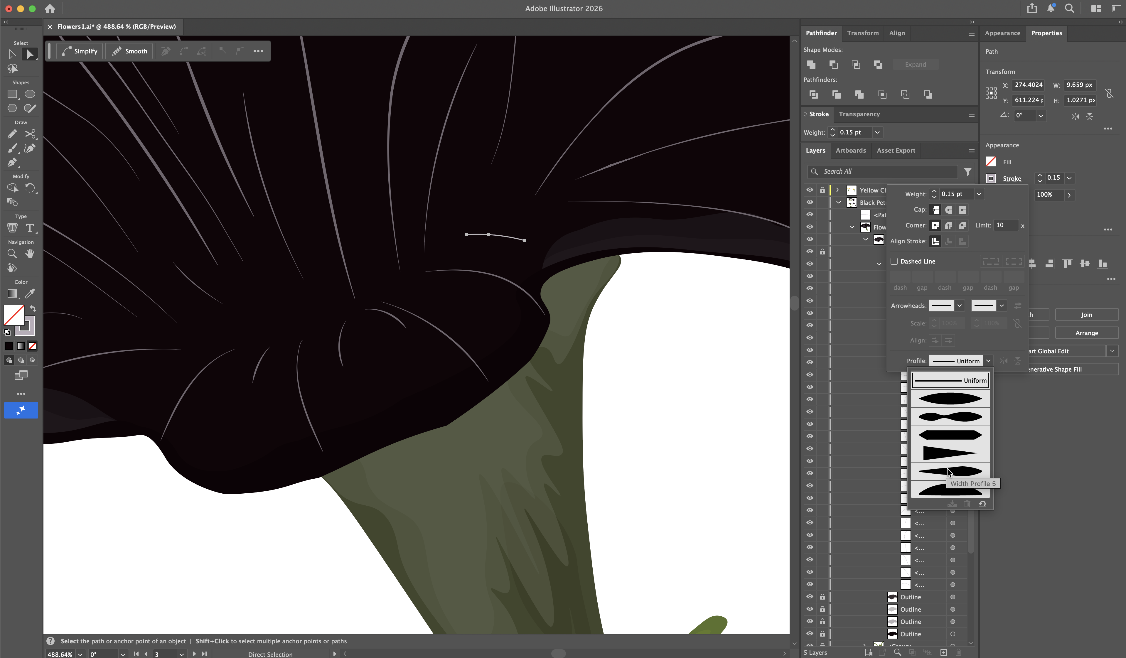 Screenshot of the petunia flower in progress in Adobe Illustrator.