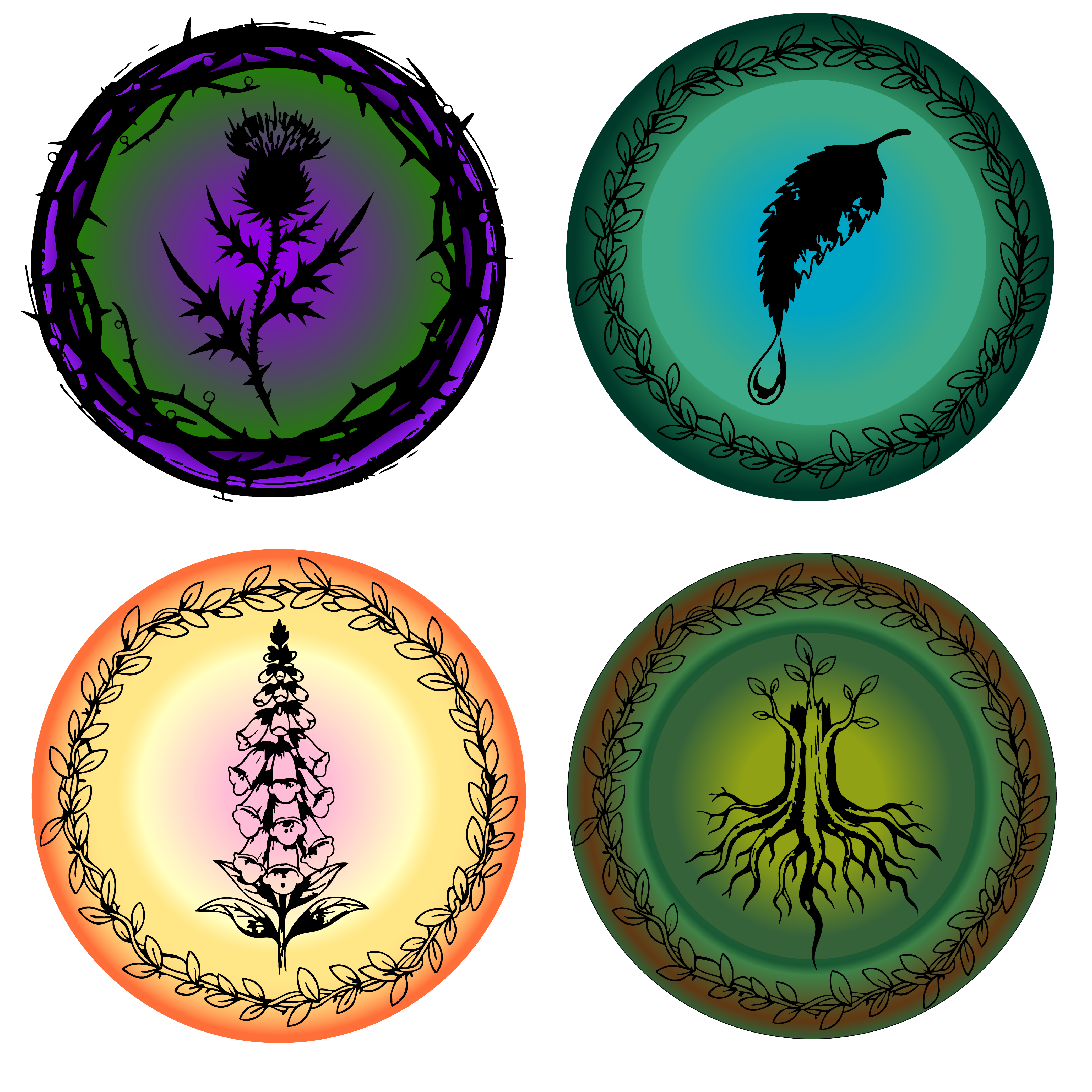 Four circular category icons for the mood categories. A thistle, a wilted leaf, a foxglove in bloom and a rooted tree.