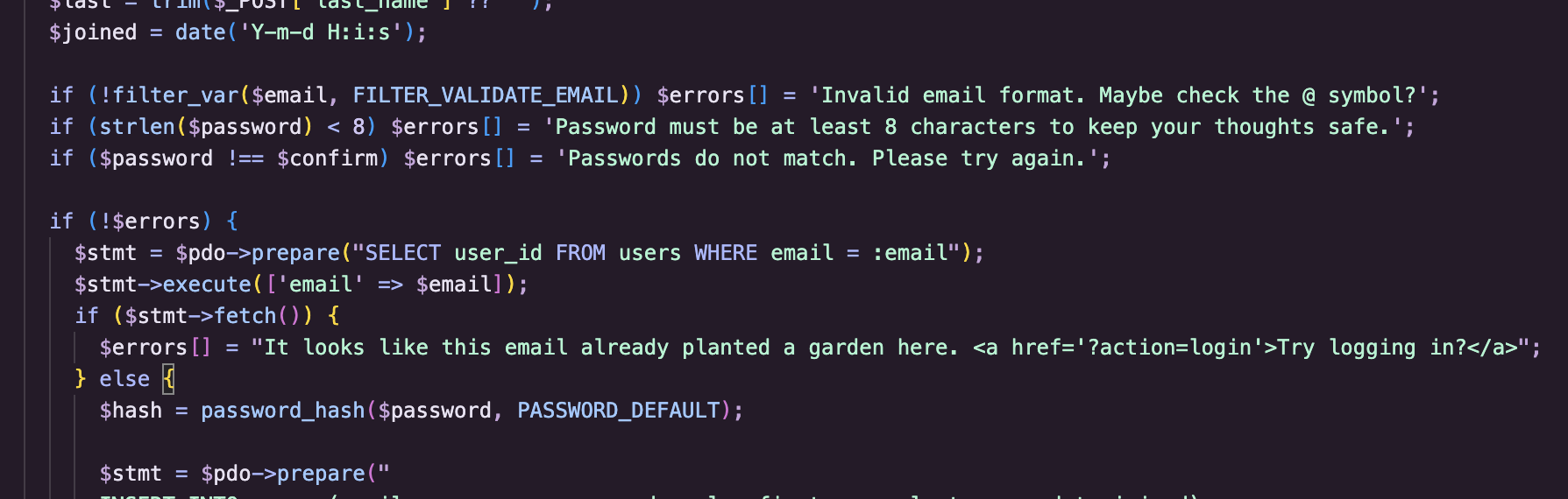 A cropped screenshot showing error message coding. The fan favourite is 'It looks like this email already planted a garden here. Try logging in?'