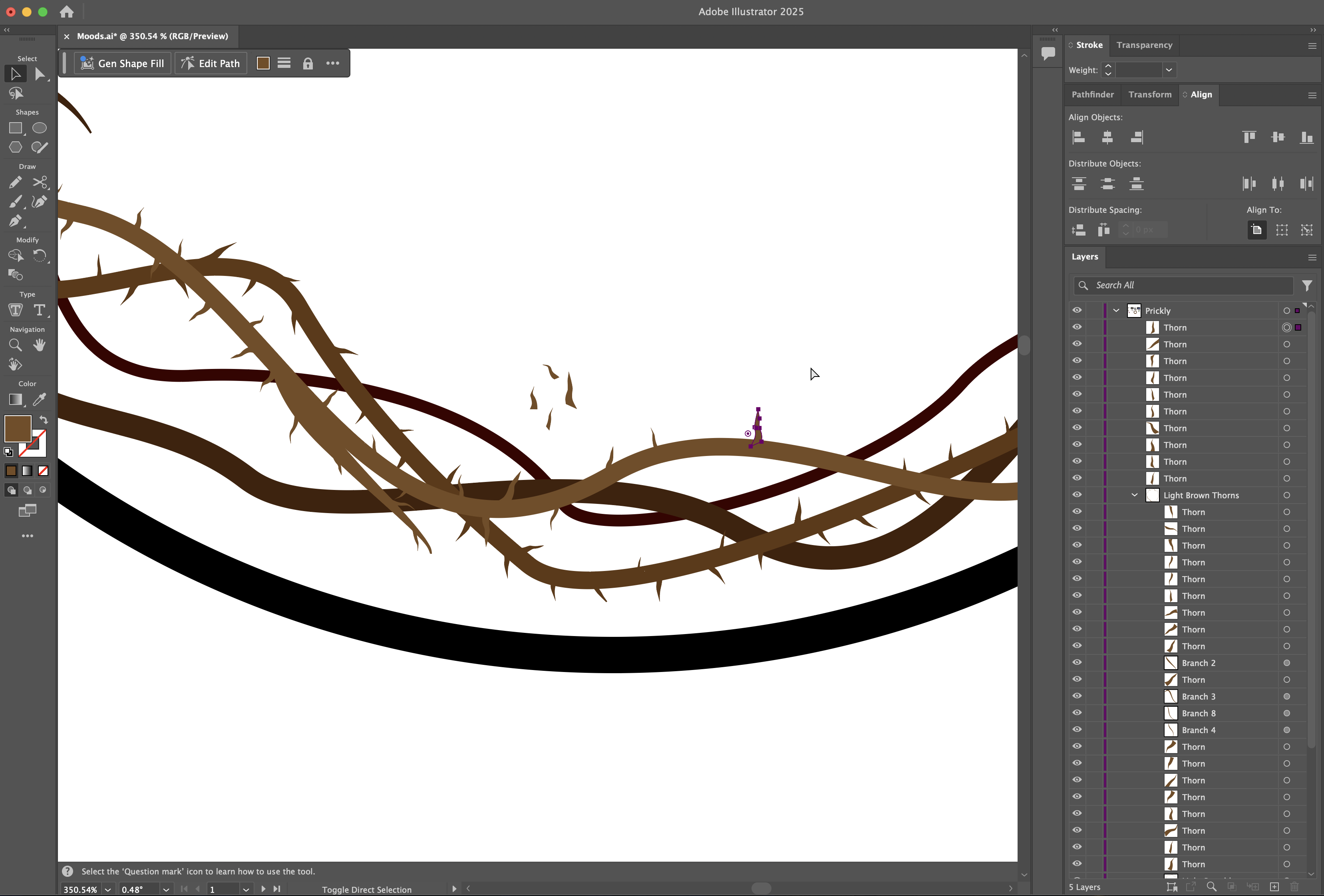 Screenshot showing the process of adding thorns to brambles for the prickly category.