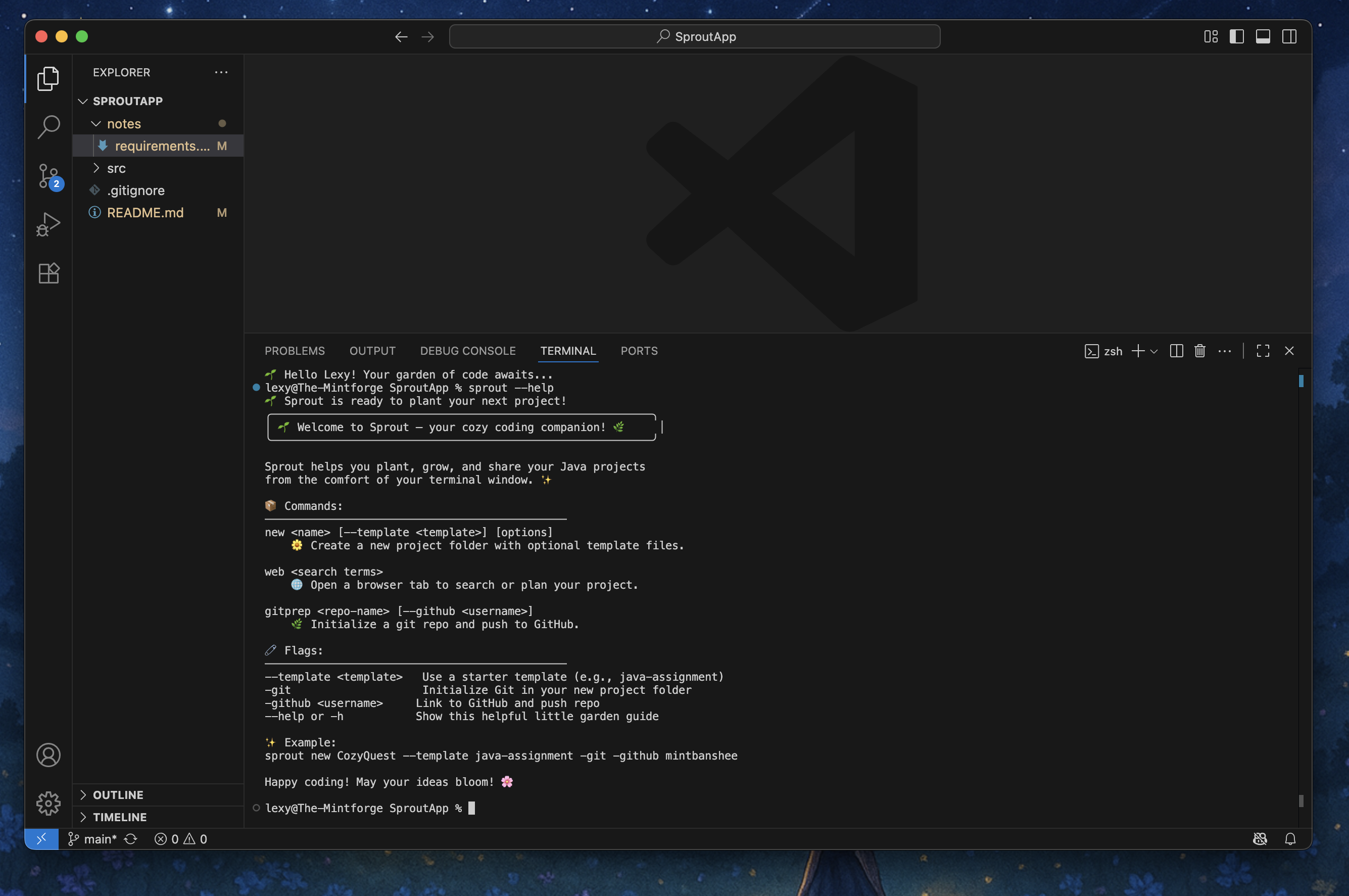 Screenshot of Sprout's Help Menu